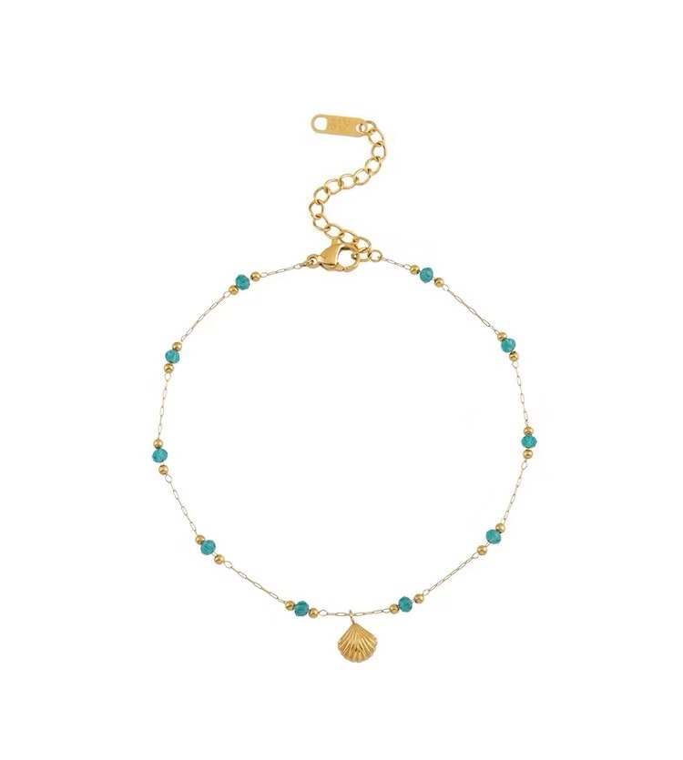 Delicate Gold Shell Anklet with Green Crystal Beads